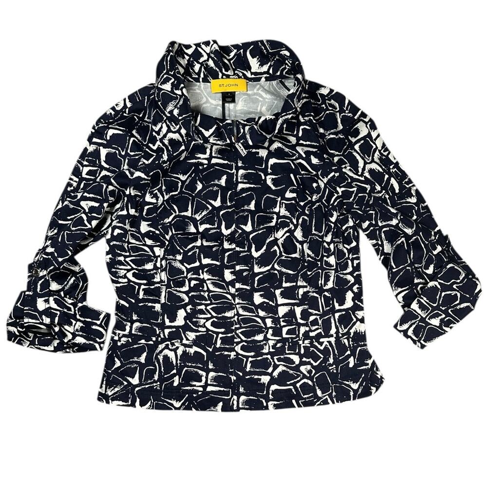 St. John Full Zip Jacket 8 Navy White Abstract Geometric Cotton Stretch Workwear